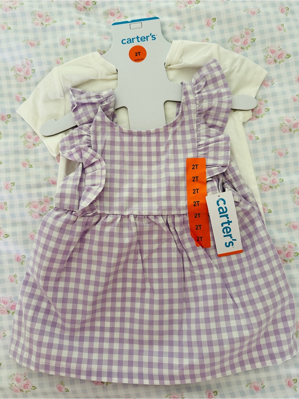 Carter's Lavender and White Gingham 3 piece set Ruffle Dress, shorts and tee. 2T